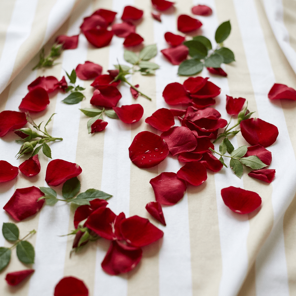 Red rose petals and green leaves scattered on beige and white striped fabric